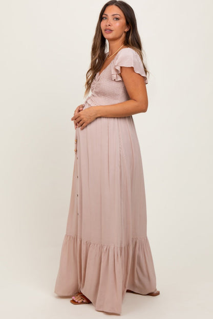 Taupe Smocked Top Woven Maternity Maxi Dress