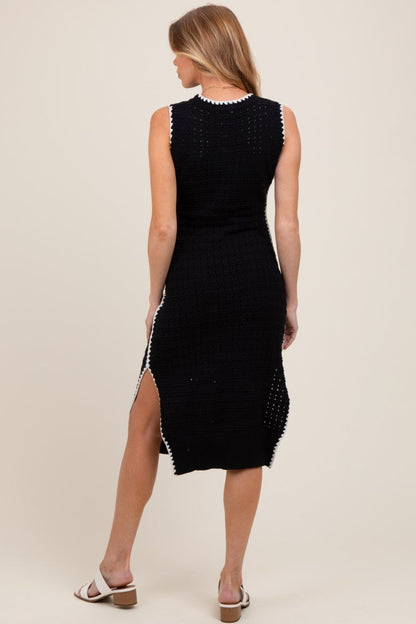 Black Pointelle Contrast Trim Sweater Maternity Midi Dress