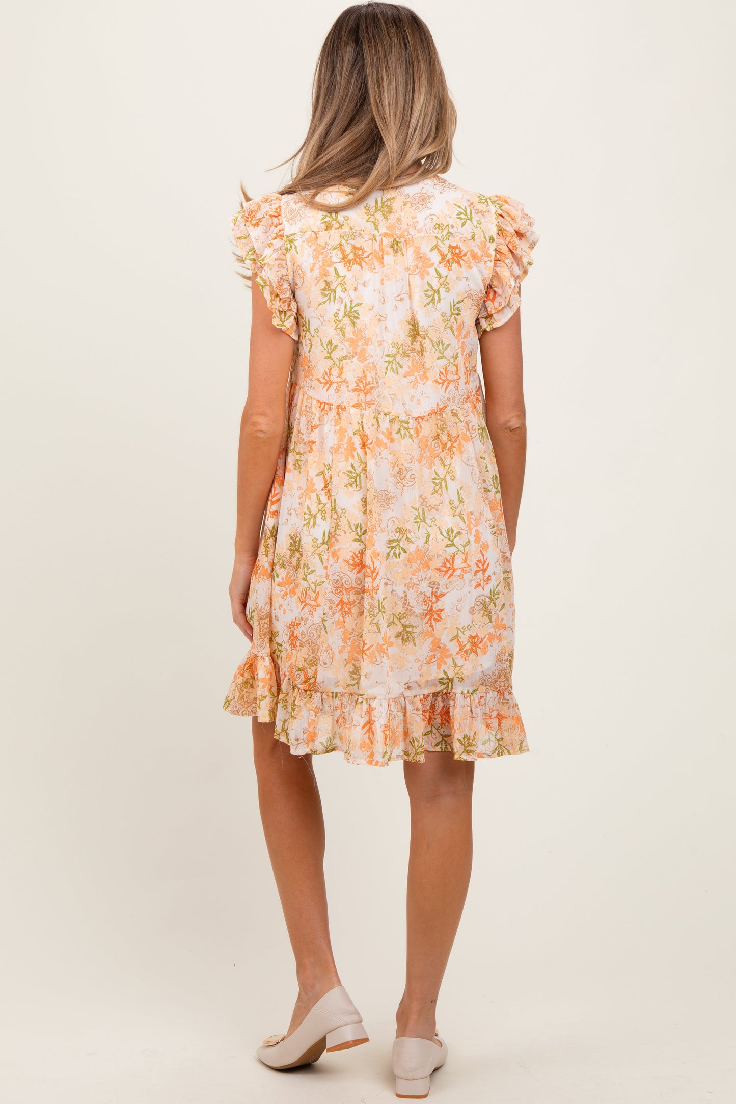 Orange Floral Chiffon Ruffle Short Sleeve Maternity Dress