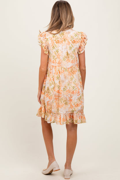 Orange Floral Chiffon Ruffle Short Sleeve Maternity Dress