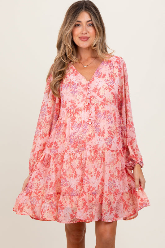 Pink Floral Chiffon Babydoll Long Sleeve Maternity Dress