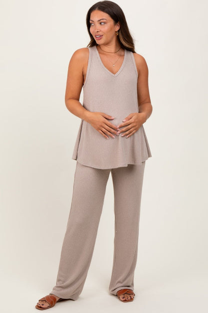 Taupe Rib Knit Tank and Pant Maternity Set