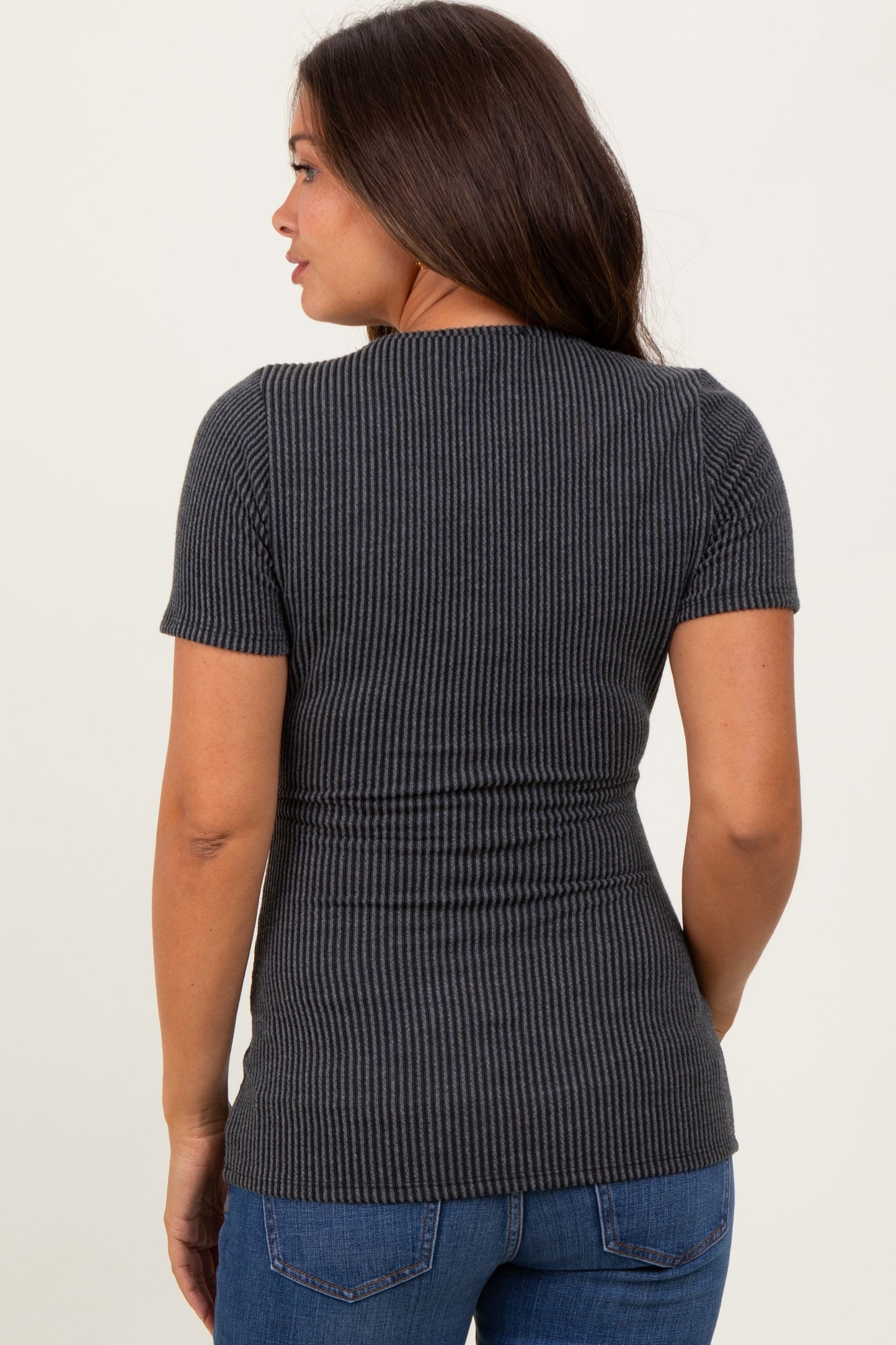 Charcoal Solid Ribbed Short Sleeve Round Neck Basic Maternity Top