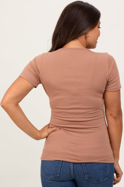 Mocha Solid Ribbed Short Sleeve V-Neck Basic Maternity Top