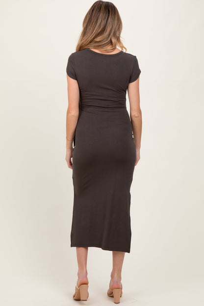 Brown Side Knot Tie Short Sleeve Maternity Midi Dress