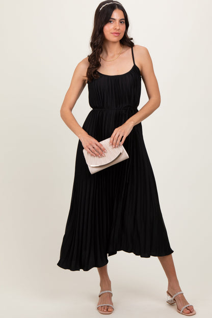 Black Pleated Sash Tie Maternity Midi Dress