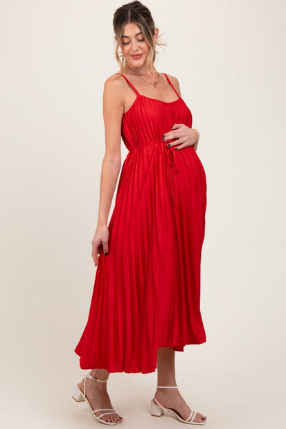 Red Pleated Sash Tie Maternity Midi Dress
