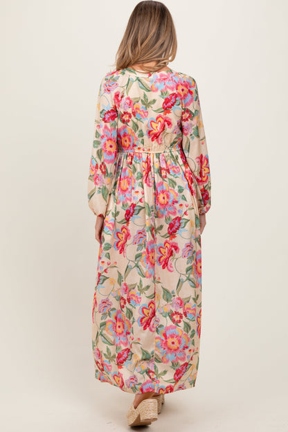 Beige Floral V-Neck Long Sleeve Maternity Maxi Dress