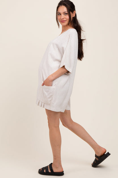 Beige Stripe Dolman Sleeve Linen Blend Maternity Romper