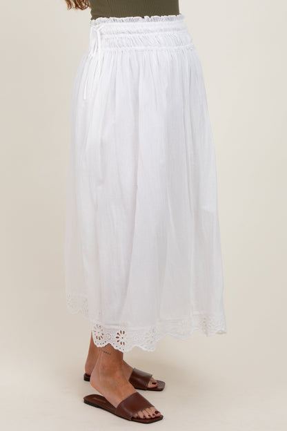 White Smocked Waist Eyelet Lace Hem Maternity Maxi Skirt