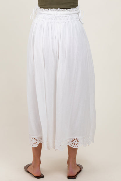 White Smocked Waist Eyelet Lace Hem Maternity Maxi Skirt