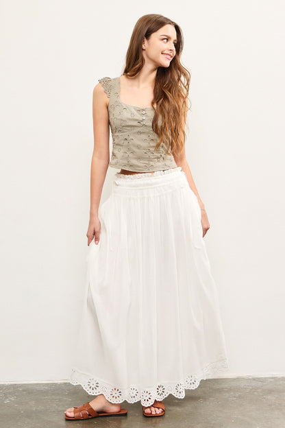White Smocked Waist Eyelet Lace Hem Maternity Maxi Skirt