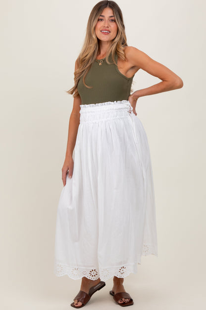 White Smocked Waist Eyelet Lace Hem Maternity Maxi Skirt
