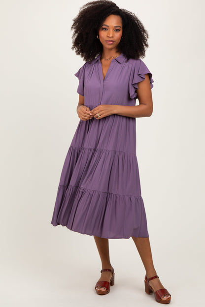 Plum Ruffle Sleeve V-Neck Tiered Maternity Midi Dress