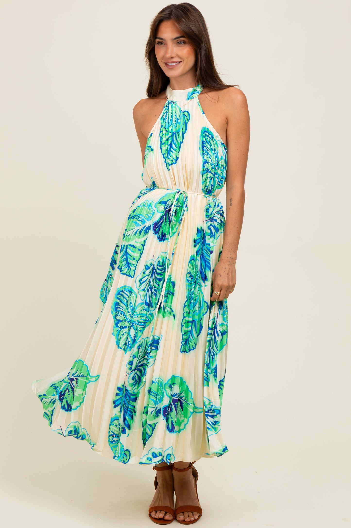 Blue Leaf Print Pleated Halter Maternity Midi Dress