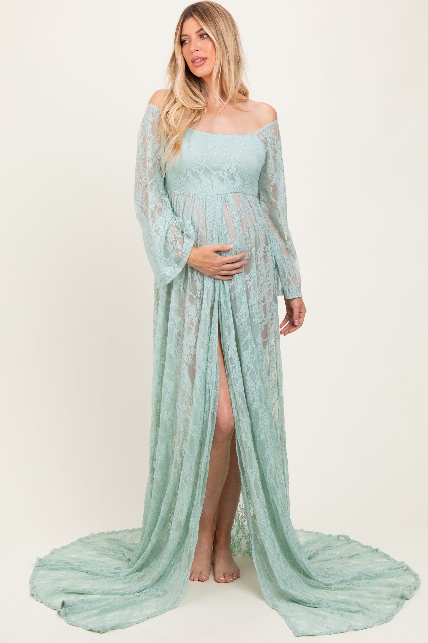 Mint Lace Long Sleeve Off Shoulder Slit Draped Maternity Photoshoot Dress