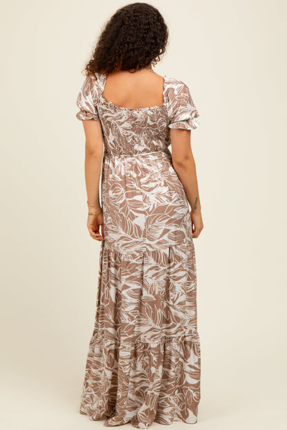Taupe Tropical Print Smocked Front Tie Maternity Maxi Dress