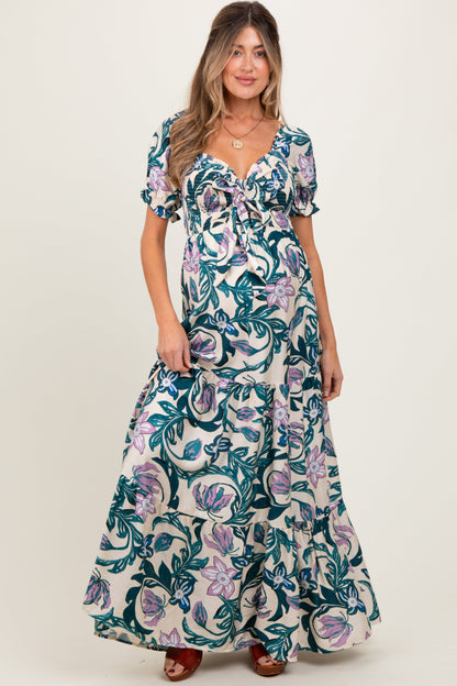 Teal Floral Smocked Front Tie Maternity Maxi Dress