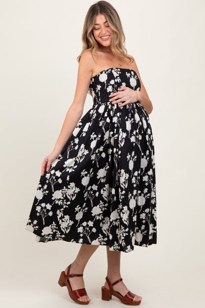 Black Floral Strapless Flare Maternity Midi Dress