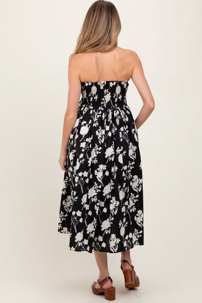 Black Floral Strapless Flare Maternity Midi Dress