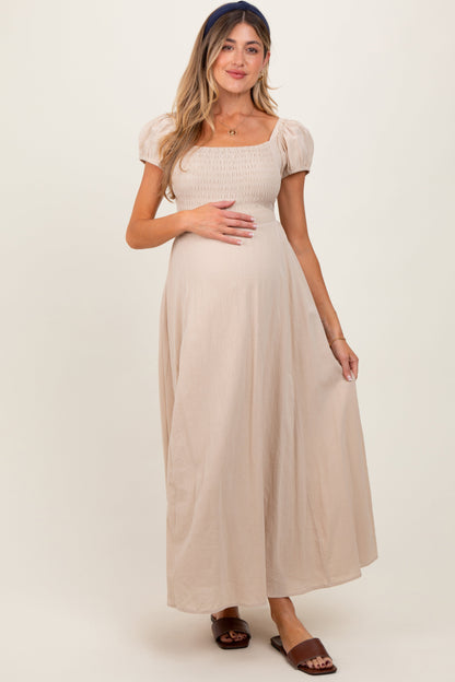 Beige Square Neck Smocked Top Criss Cross Back Tie Maternity Maxi Dress