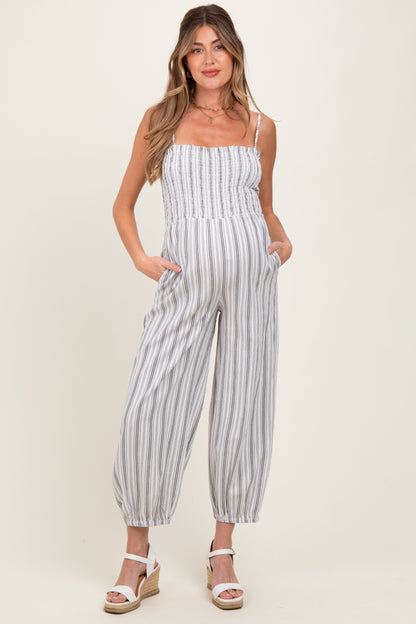 Cream Smocked Striped Balloon Maternity Jumpsuit