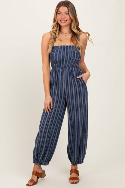 Navy Smocked Striped Balloon Maternity Jumpsuit