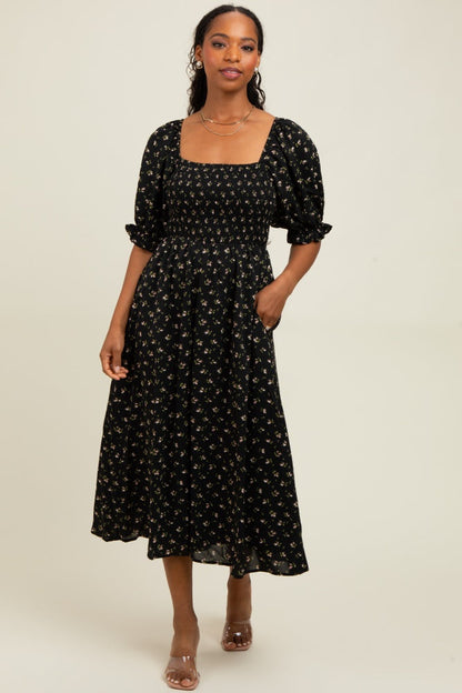 Black Floral Smocked Puff Sleeve Maternity Midi Dress