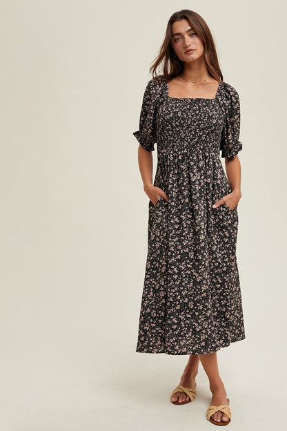 Black Floral Smocked Puff Sleeve Maternity Midi Dress