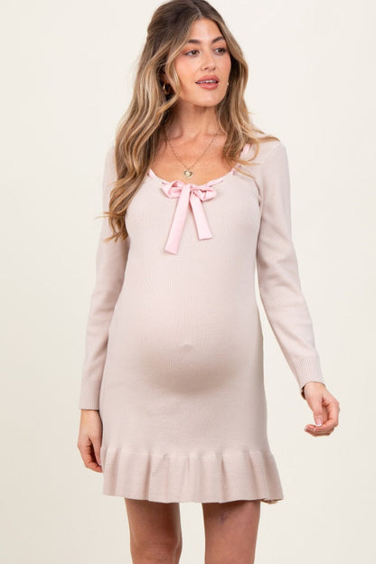 Beige Knit Ribbon Detail Neckline Maternity Mini Dress