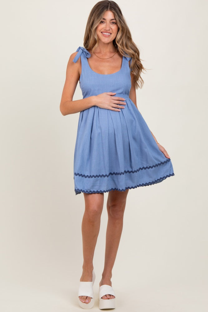 Blue Shoulder Bow Tie Pleated Maternity Mini Dress