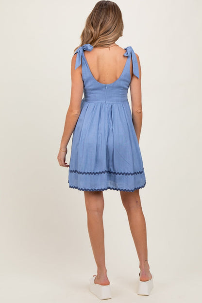 Blue Shoulder Bow Tie Pleated Maternity Mini Dress