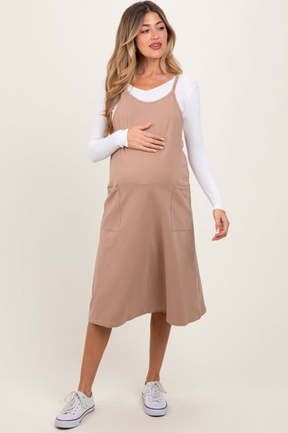 Taupe Knit V-Neck Cami Maternity Midi Dress