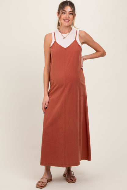 Rust V-Neck Overall Maternity Midi Dress