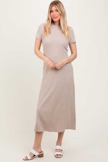 Beige Ribbed Short Sleeve Maternity Midi Dress