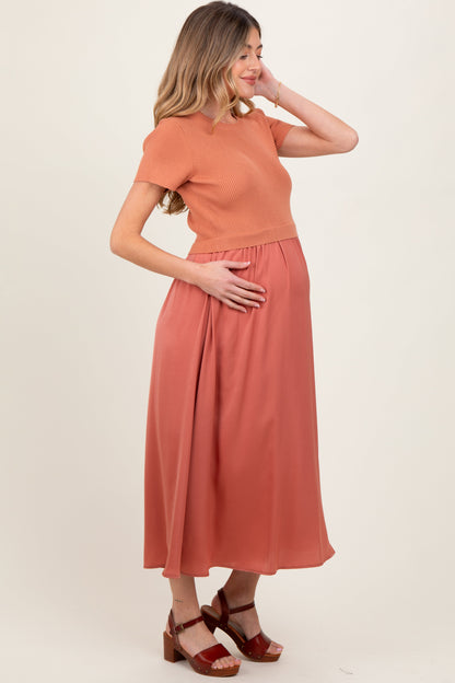 Rust Knit Contrast Top Satin Short Sleeve Maternity Midi Dress