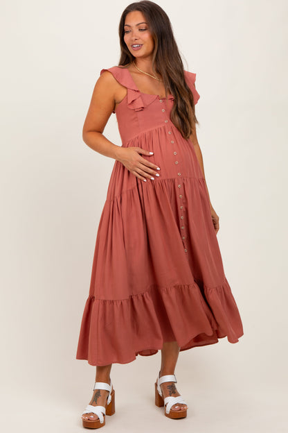 Rust Button Front Ruffle Square Neck Maternity Midi Dress