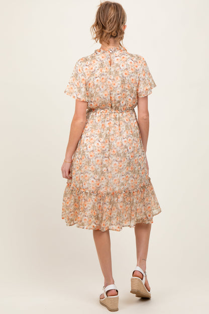 Light Olive Floral Ruffle Mock Neck Maternity Midi Dress
