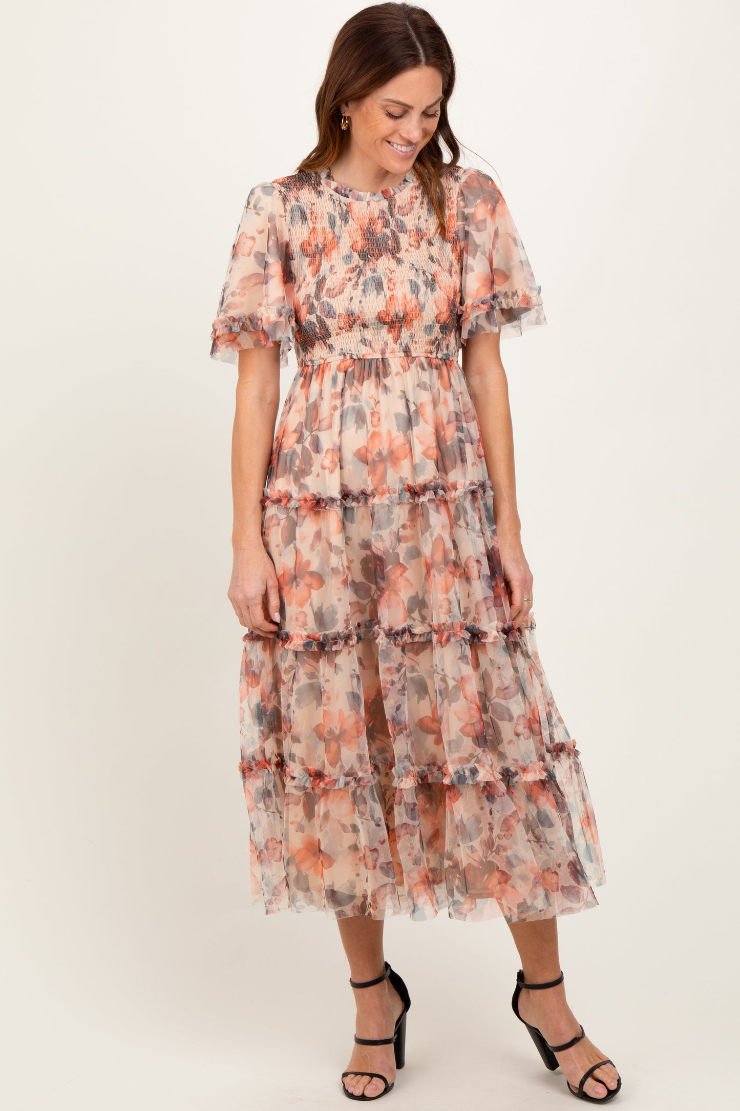 Peach Floral Mesh Smocked Maternity Midi Dress
