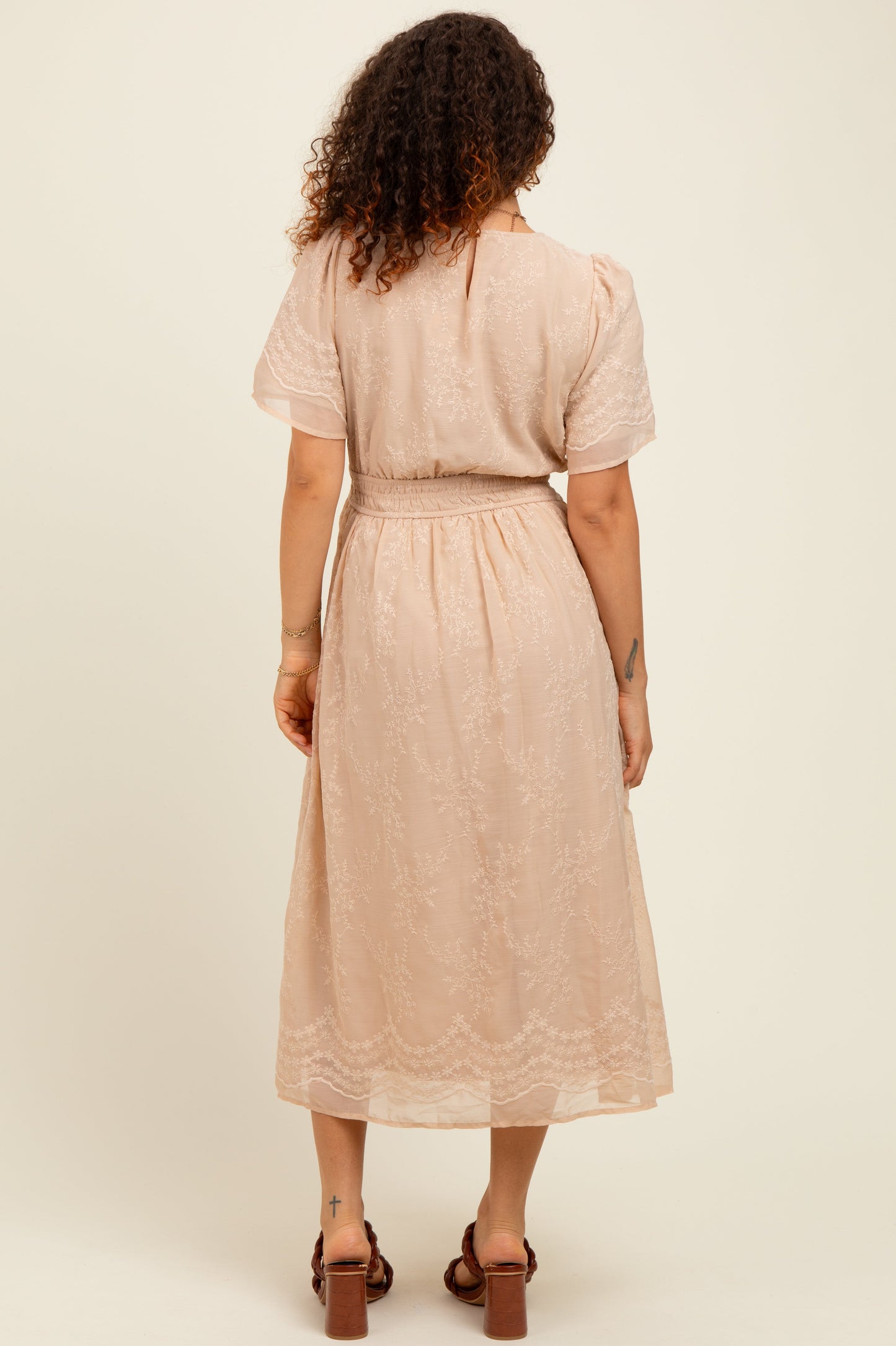 Beige Floral Embroidered Maternity Midi Dress