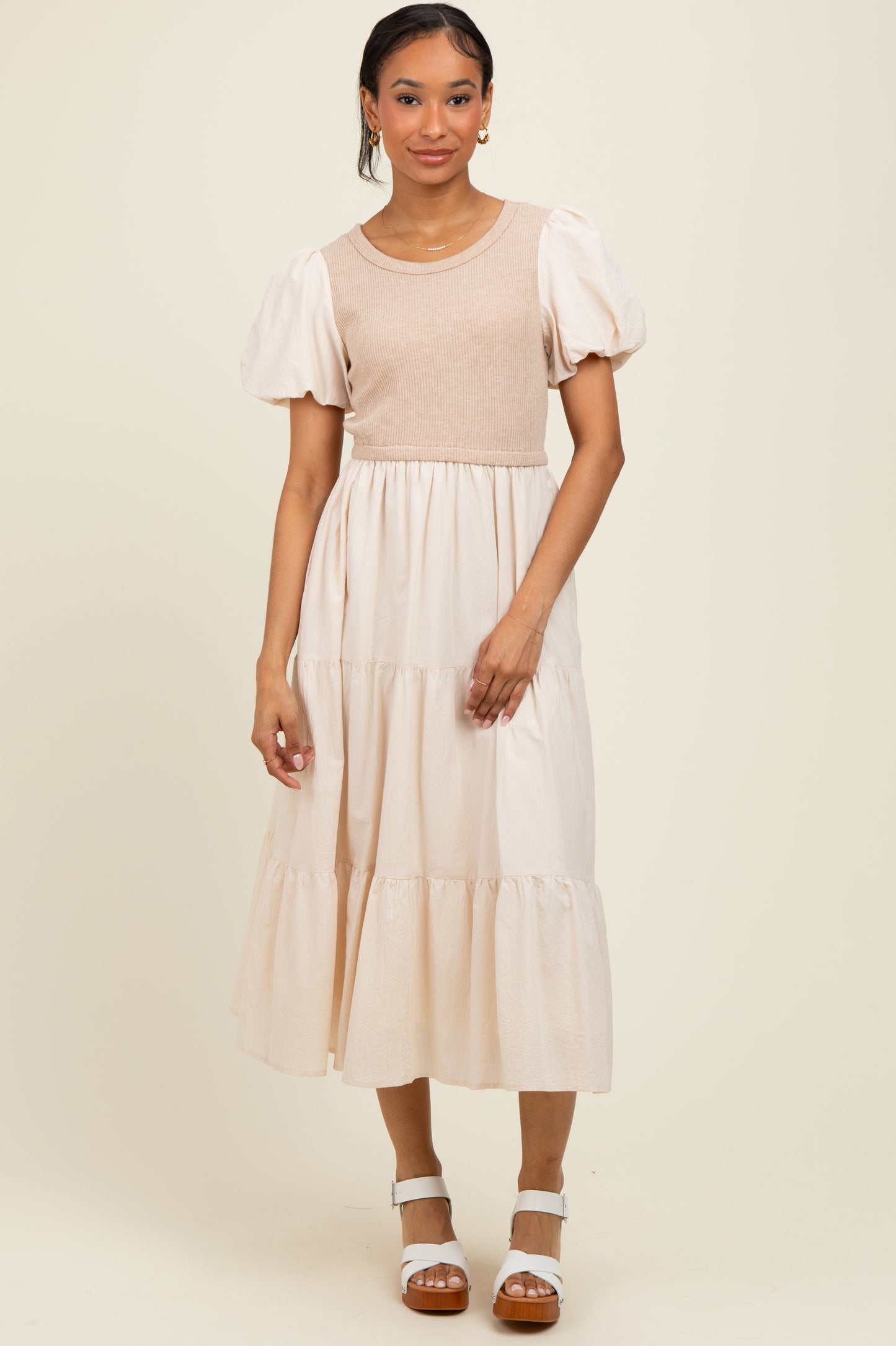 Cream Knit Mixed Tiered Maternity Midi Dress