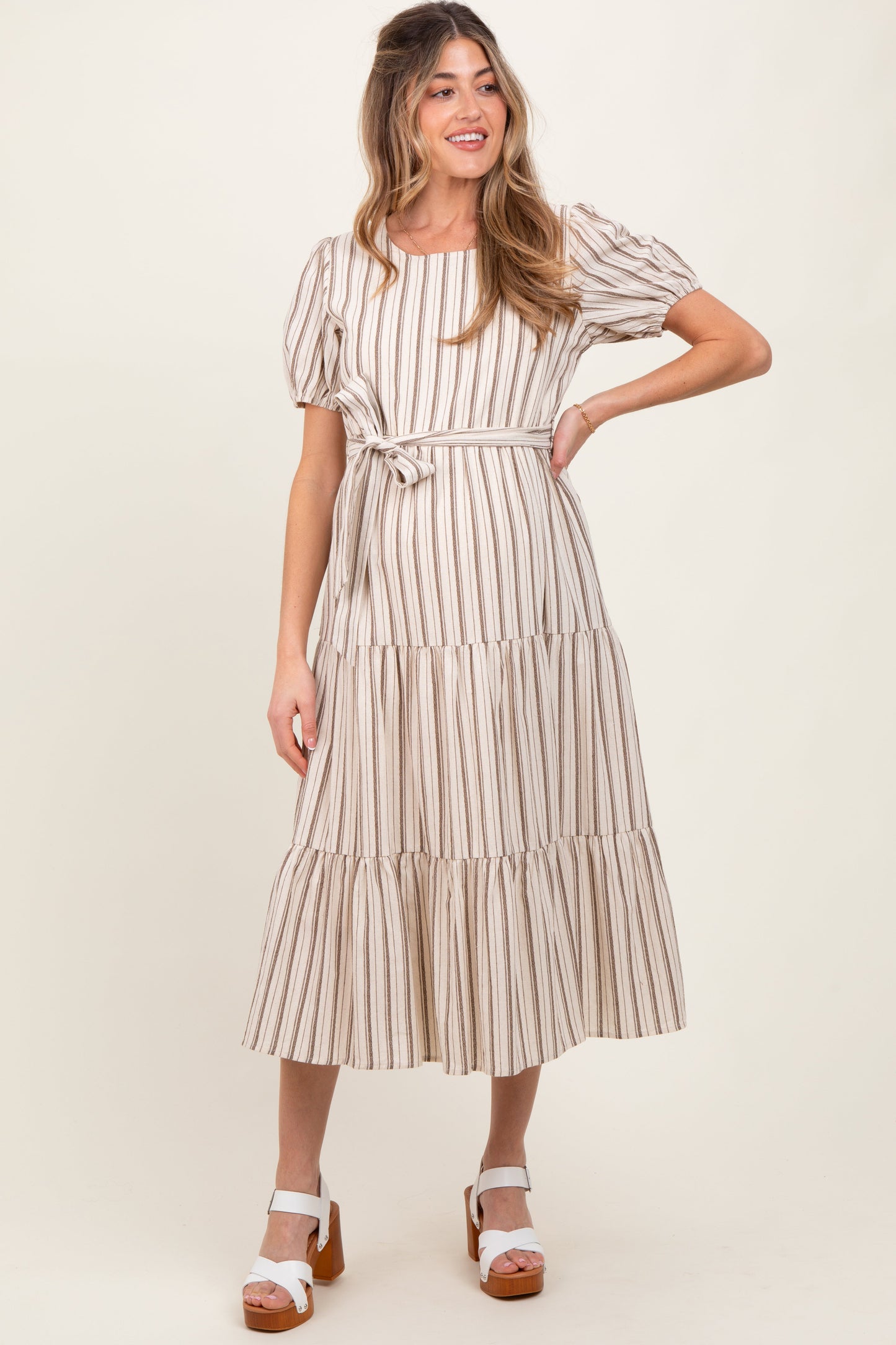 Ivory Stripe Tiered Tied Waist Maternity Midi Dress