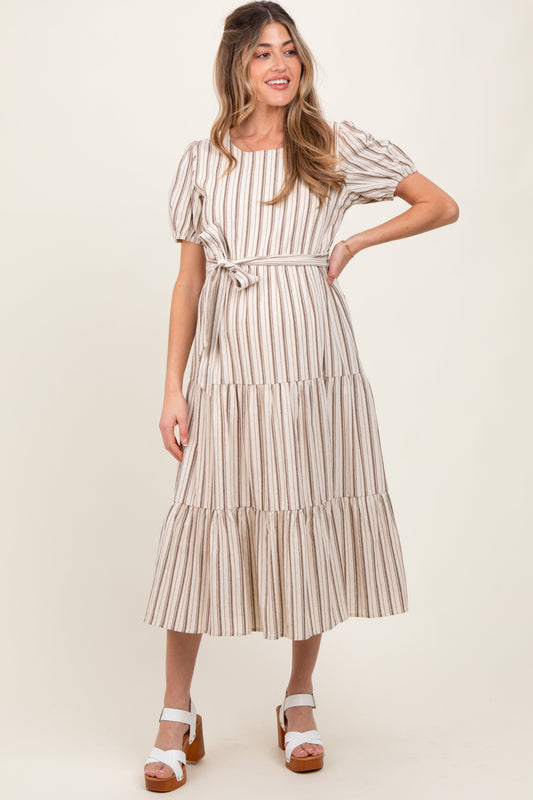 Ivory Stripe Tiered Tied Waist Maternity Midi Dress
