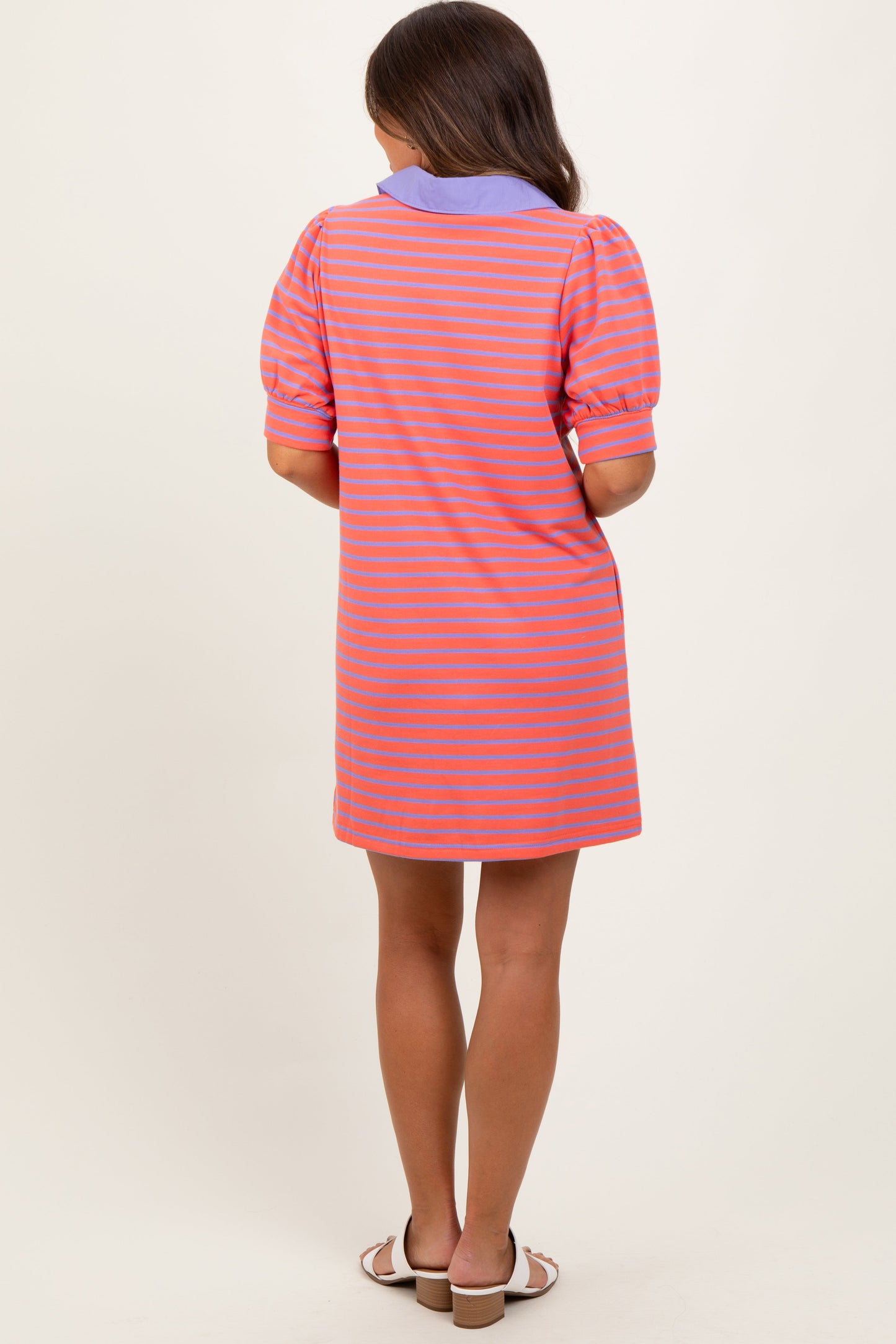 Coral Striped Collared Puff Sleeve Maternity Dress