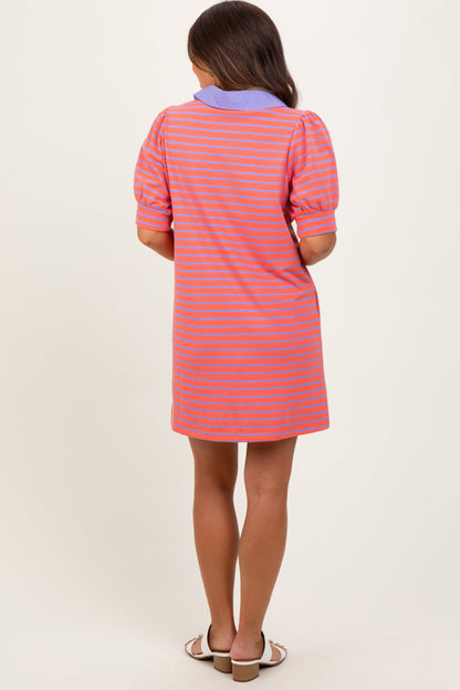 Coral Striped Collared Puff Sleeve Maternity Dress