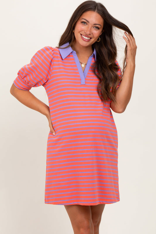 Coral Striped Collared Puff Sleeve Maternity Dress