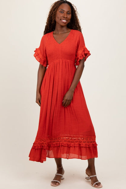 Rust Smocked Crochet Ruffle Trim Maternity Midi Dress