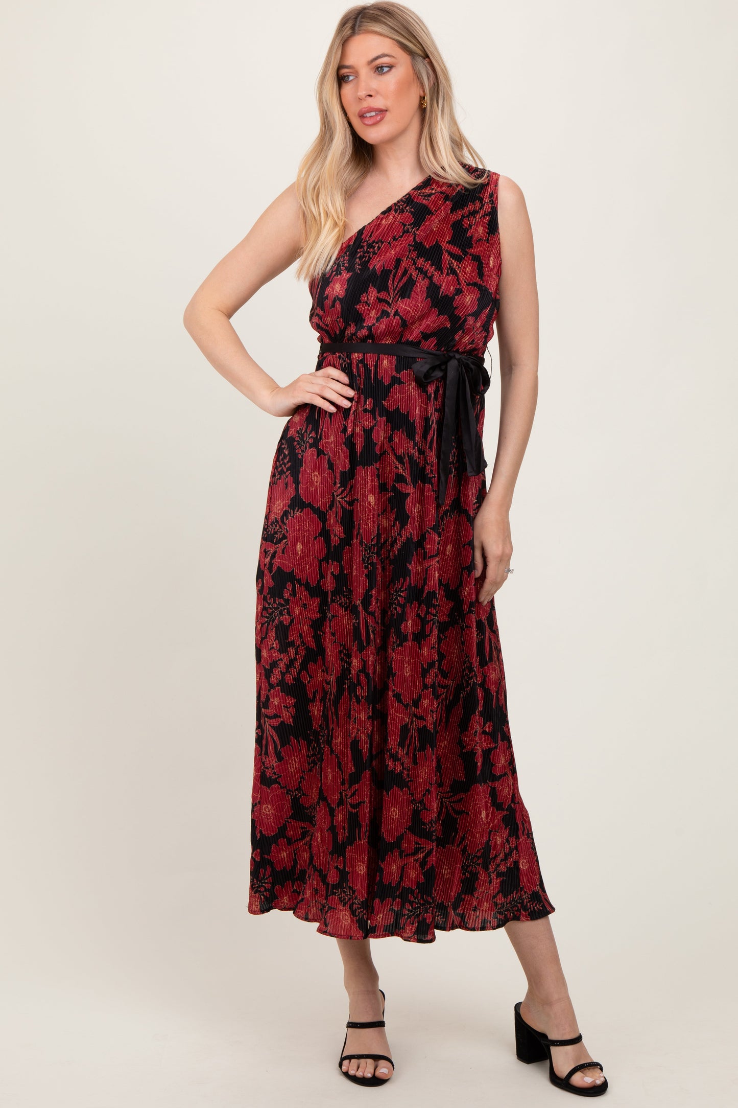Red Floral Print Plisse One Shoulder Maternity Maxi Dress