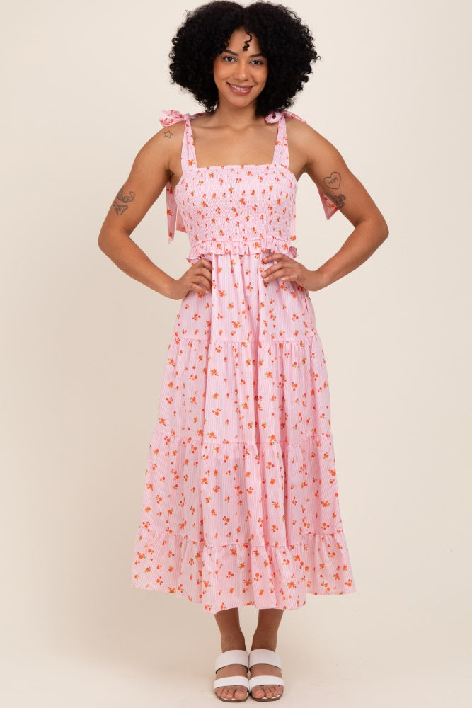 Light Pink Floral Striped Smocked Shoulder Tie Maternity Maxi Dress