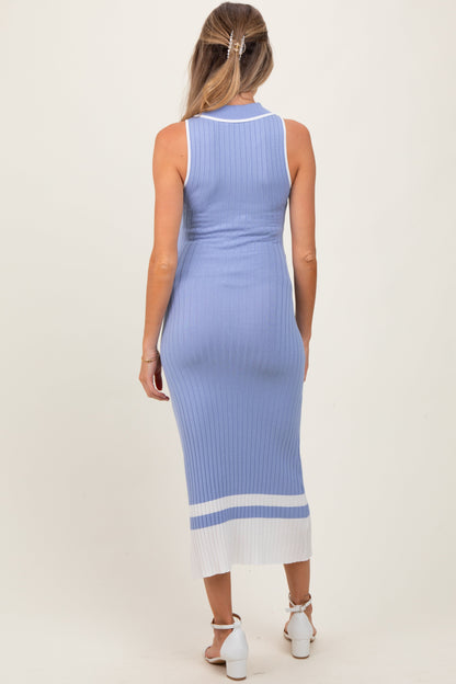 Periwinkle Knit Colorblock Stripe Sleeveless Polo Maternity Dress